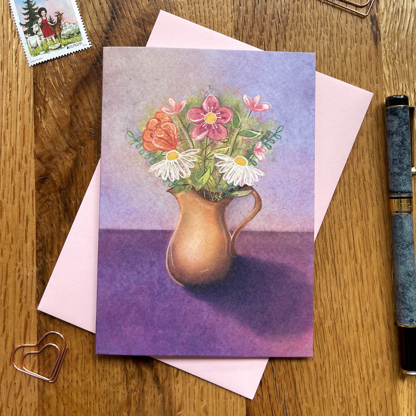 Floral Jug Greeting Card – Blank Inside – All Occasion Card with Purple Background