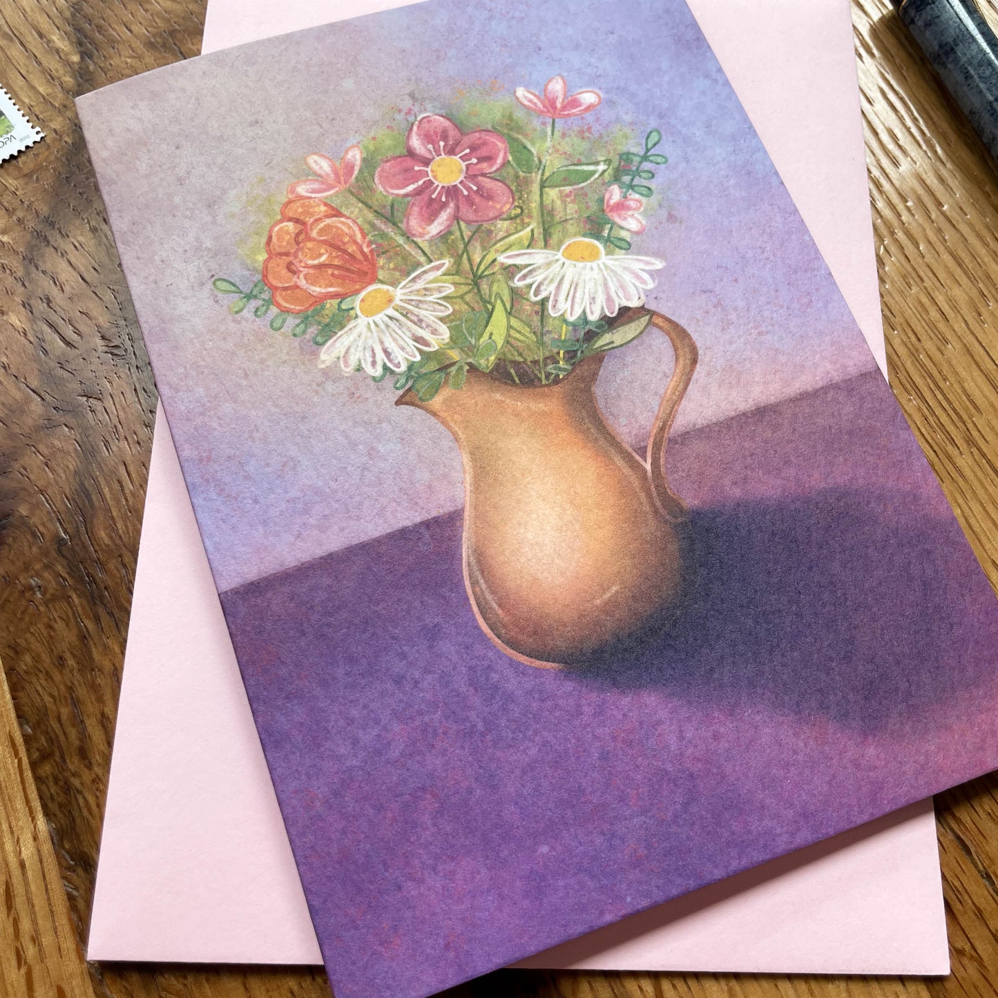 Illustrated Flower Bouquet Card – Floral Jug on Purple – Multipurpose Greeting Card