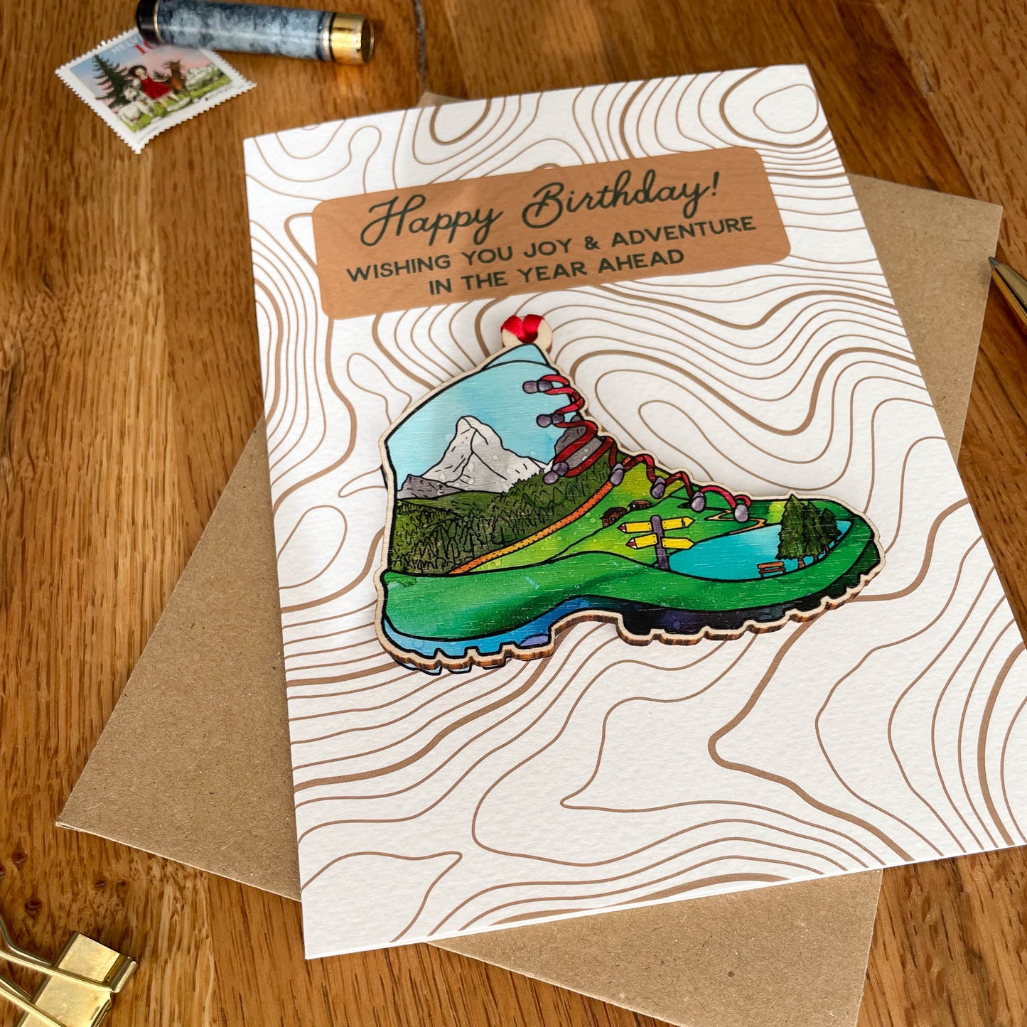 Birthday Card - Hiking in the Swiss Alps - with Removable Hiking Boot Decoration