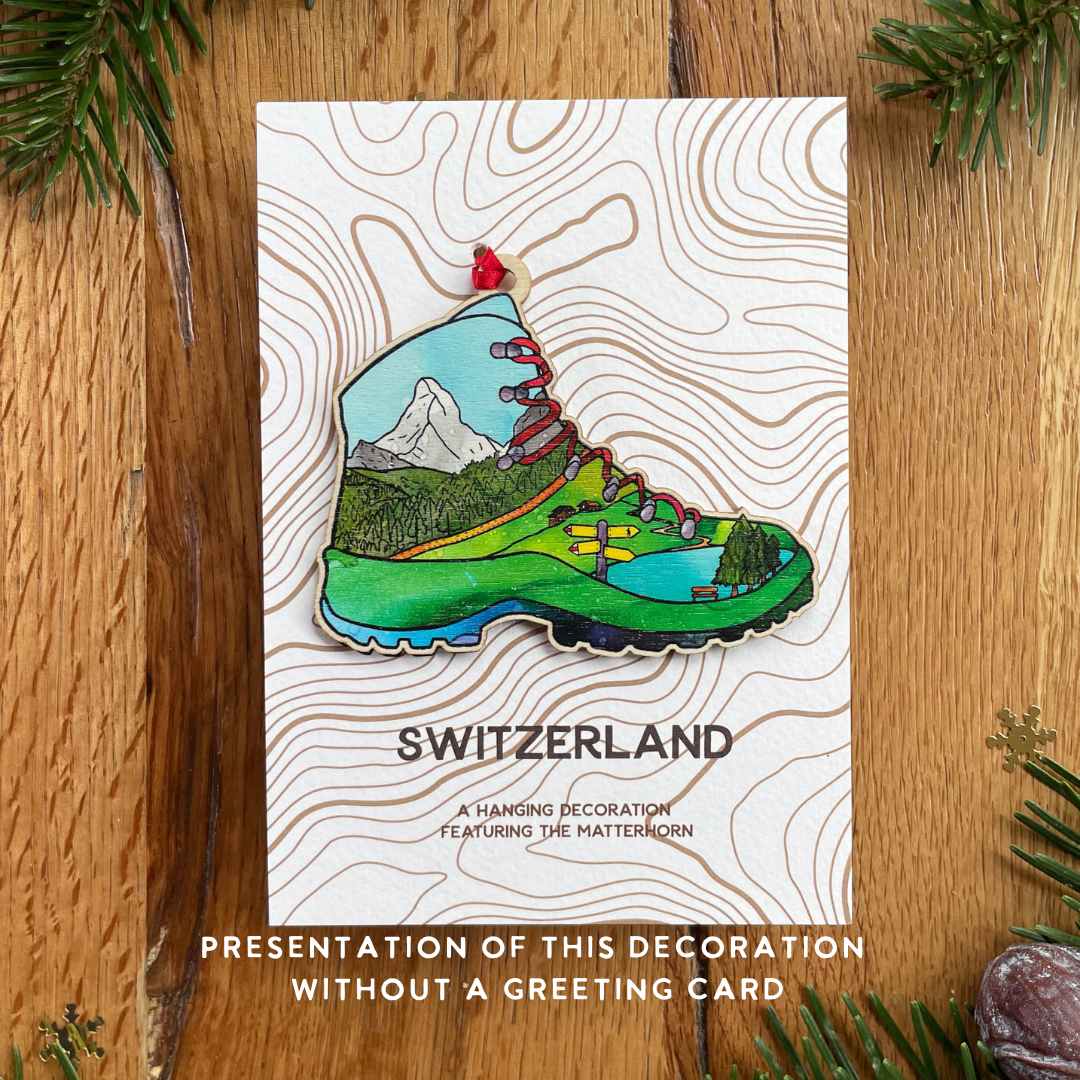 Birthday Card - Hiking in the Swiss Alps - with Removable Hiking Boot Decoration