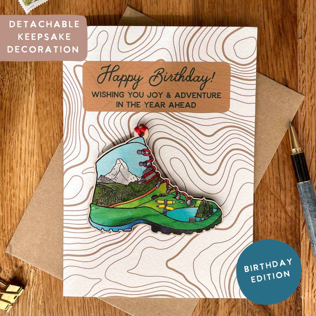 Birthday Card - Hiking in the Swiss Alps - with Removable Hiking Boot Decoration