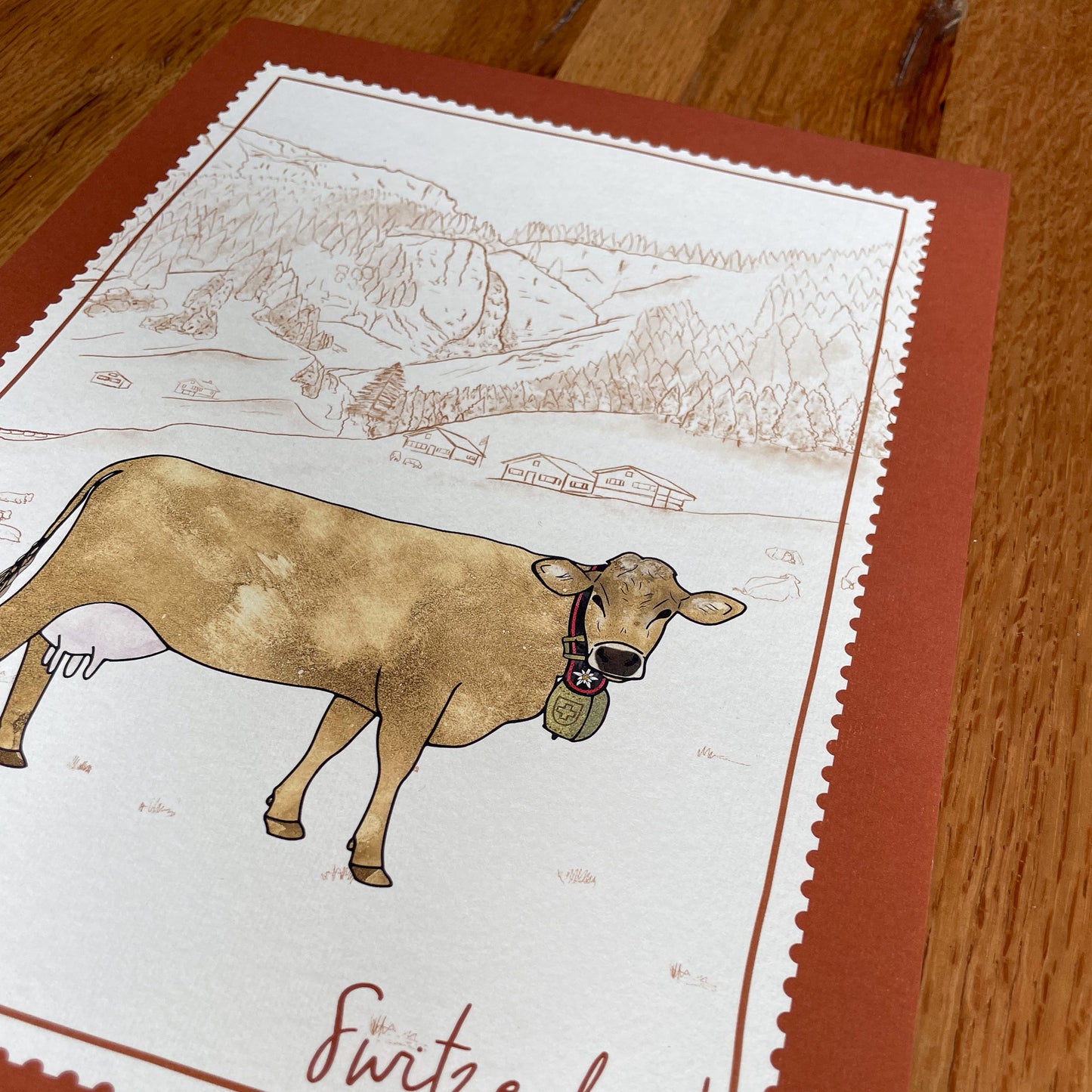 Indulge your love for scenic landscapes with this captivating Swiss Brown Cow A4 Print, designed to add a touch of charm to any art collection or interior design enthusiast's space.