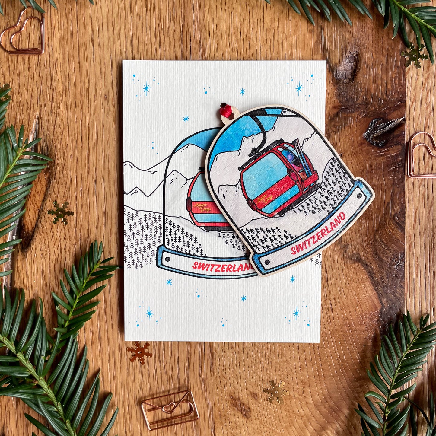 Switzerland Gondola Snow Globe Decoration with optional greeting card