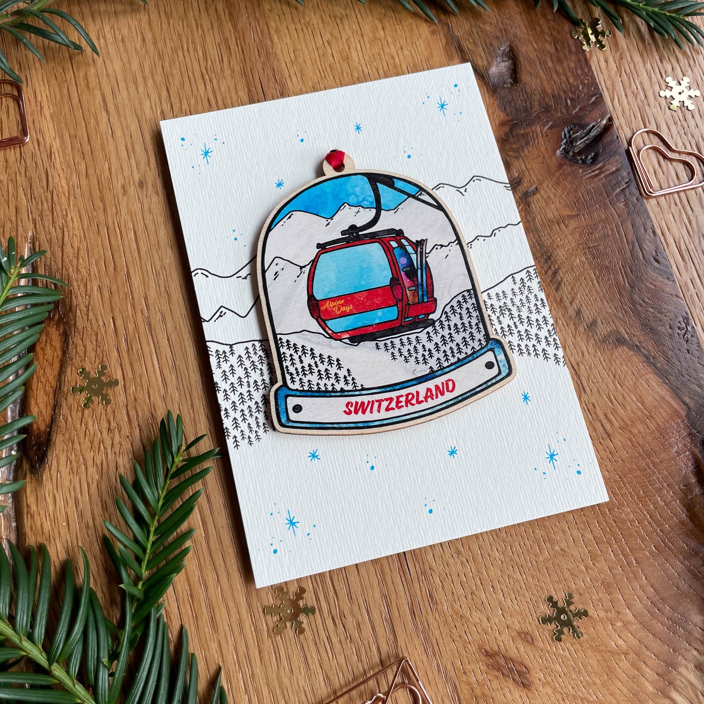 Switzerland Gondola Snow Globe Decoration with optional greeting card