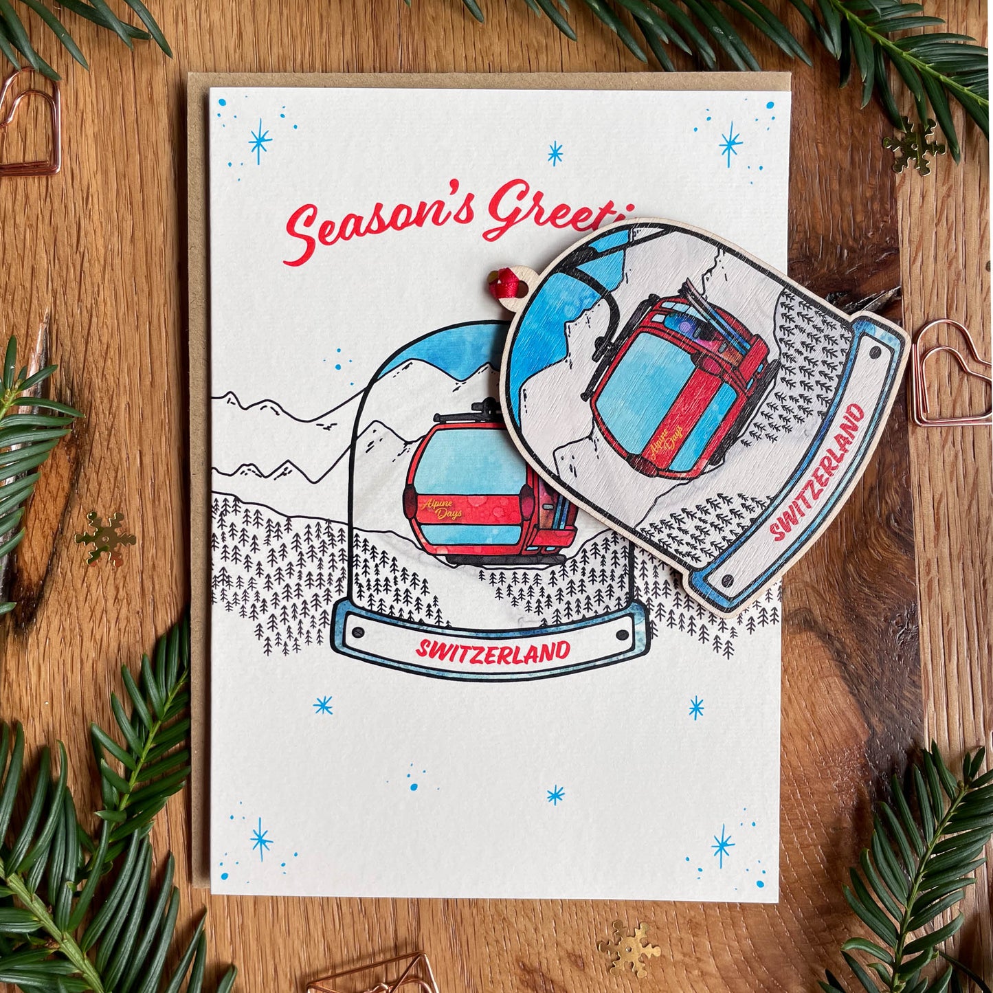 Switzerland Gondola Snow Globe Decoration with optional greeting card