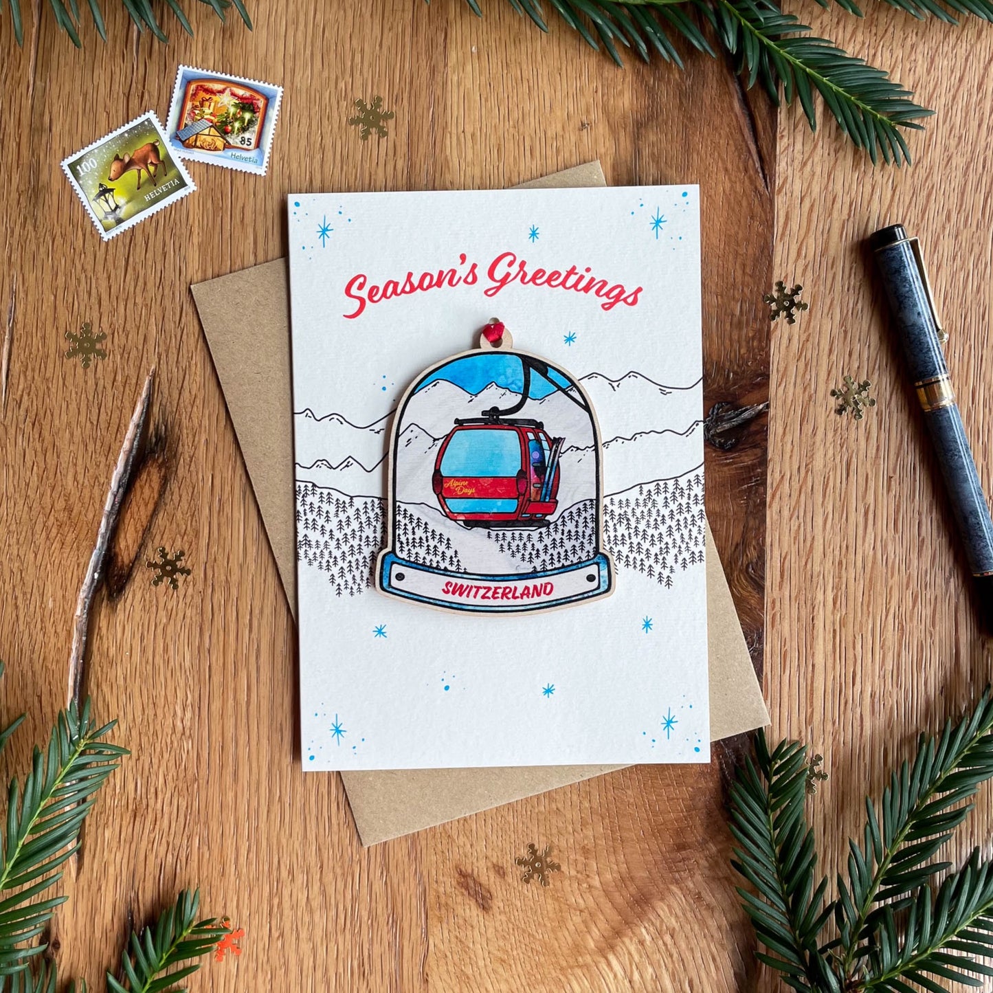 Switzerland Gondola Snow Globe Decoration with optional greeting card