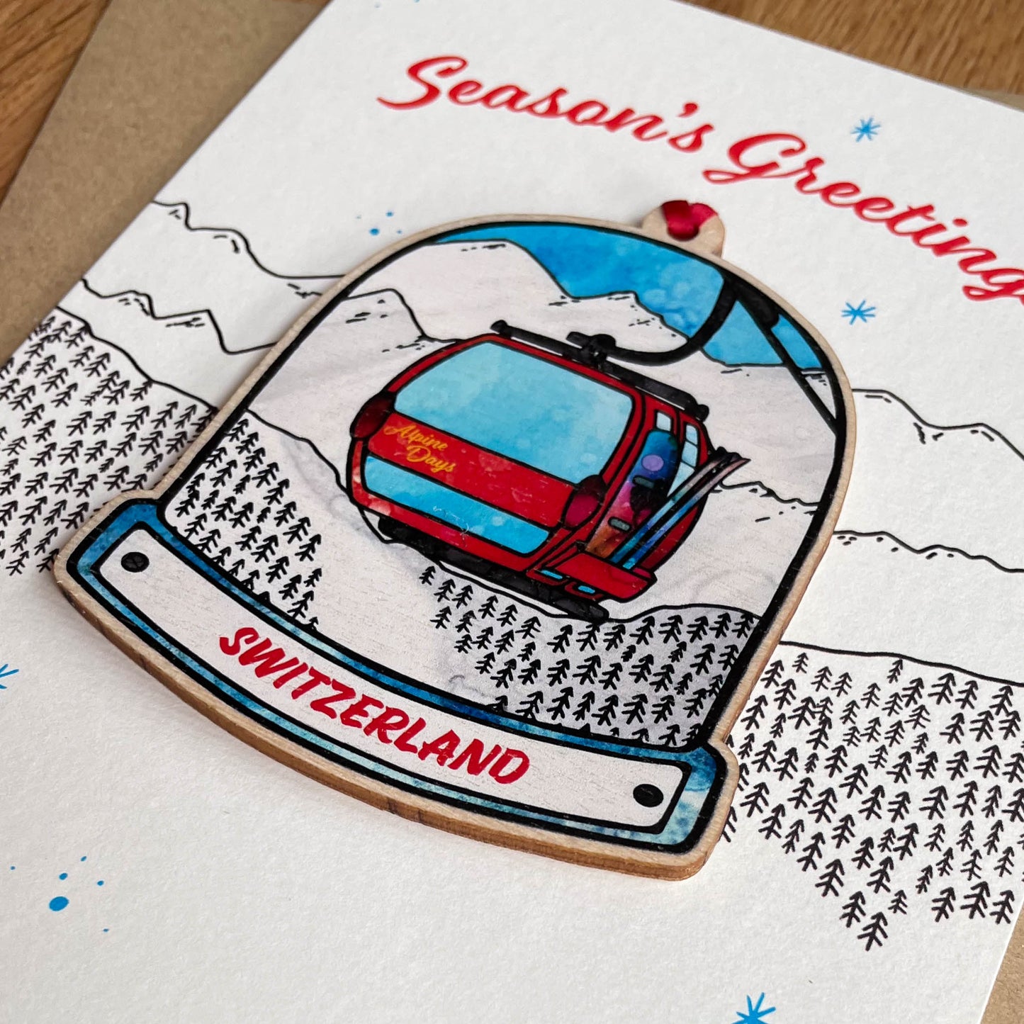 Switzerland Gondola Snow Globe Decoration with optional greeting card