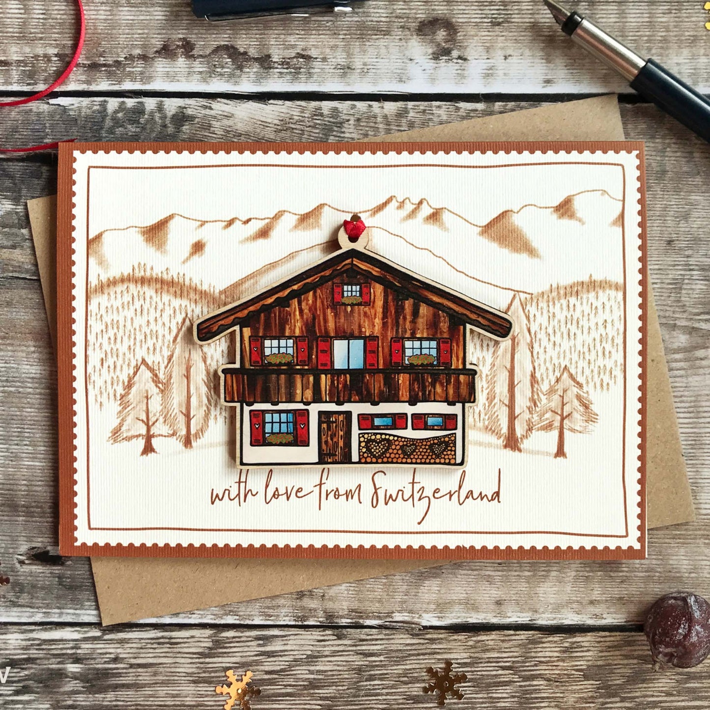Swiss Chalet Decoration Greeting Card - Happy Post from Switzerland