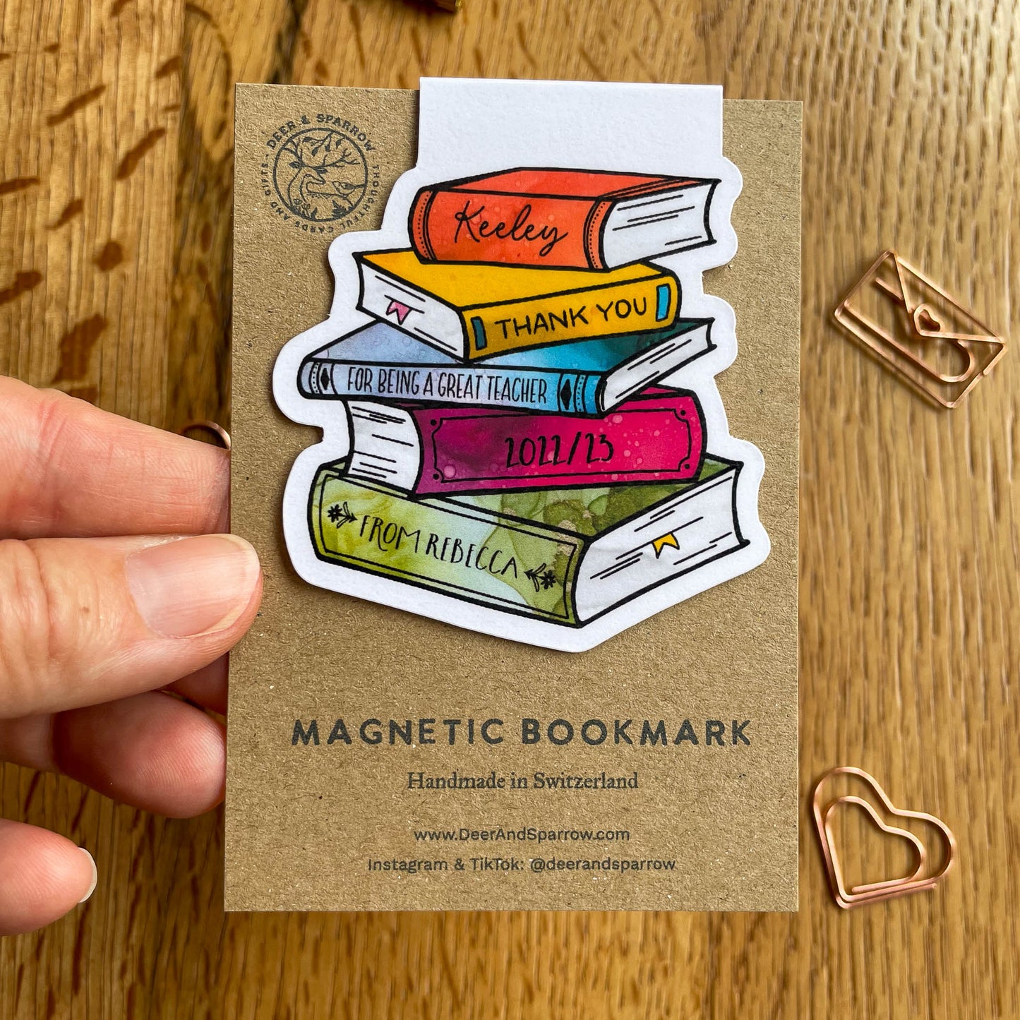 Custom-made magnetic bookmark for teachers with personalisation option