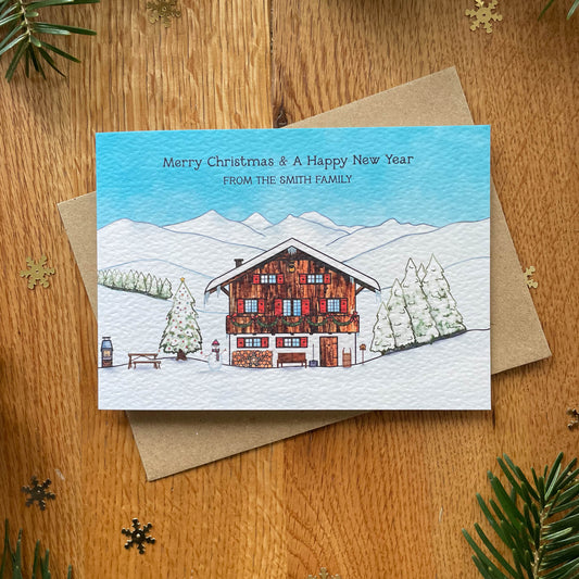 Set of Personalised Family Christmas Card - Christmas at the Swiss Chalet