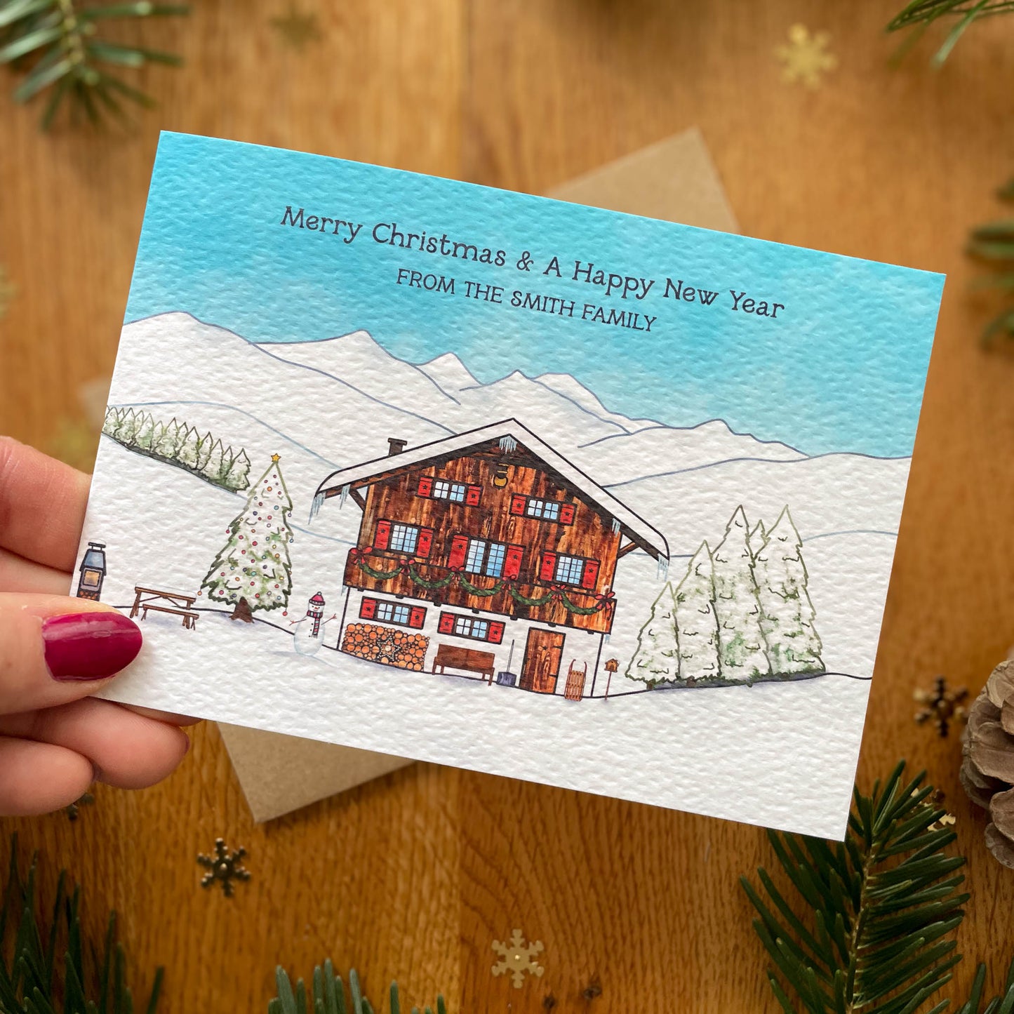 Set of Personalised Family Christmas Card - Christmas at the Swiss Chalet