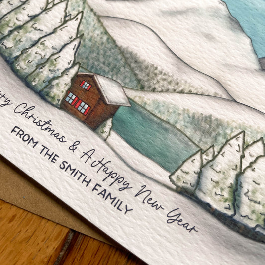 Set of Personalised Family Christmas Card with Snowy Mountain Scene, Alpine Lake & Mountain Cabin