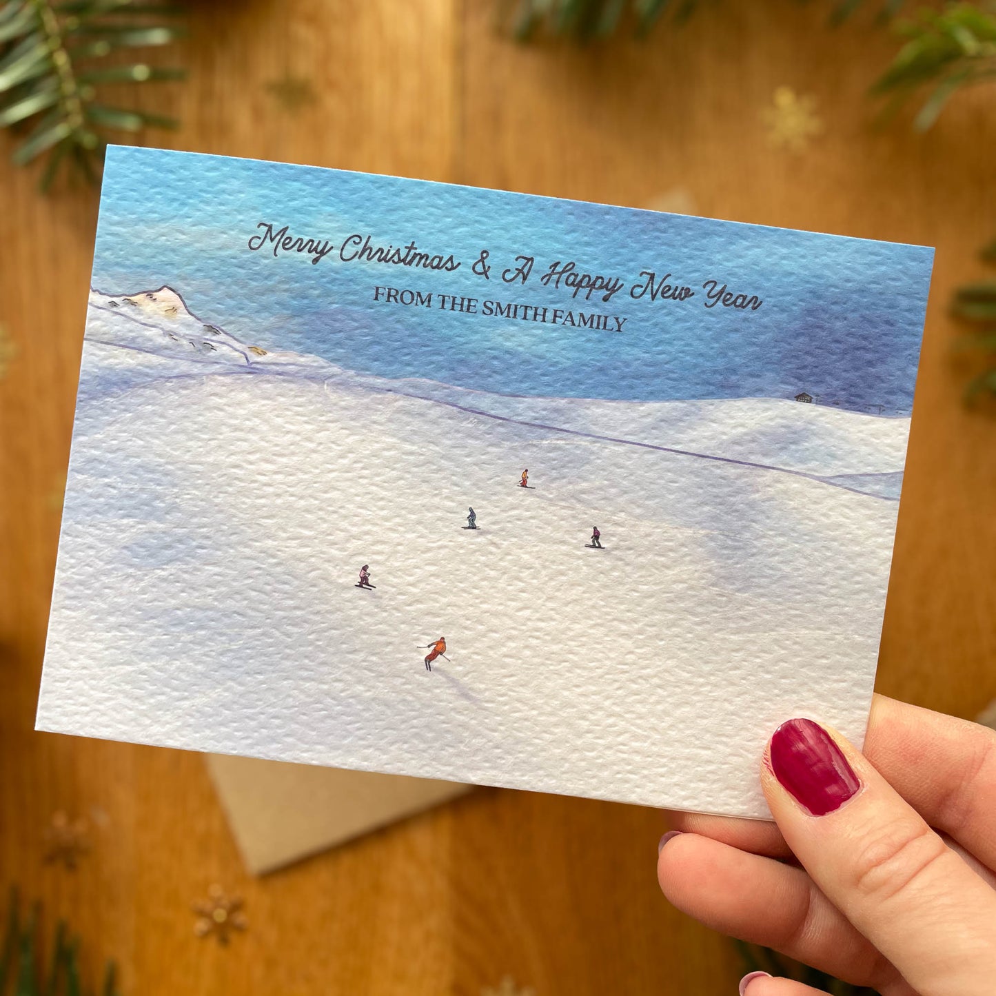 Set of Personalised Family Christmas Card - Skiing in the Alps - Last Run