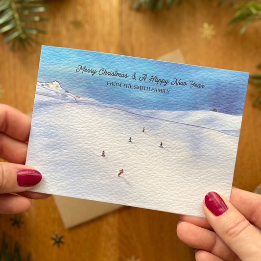 Set of Personalised Family Christmas Card - Skiing in the Alps - Last Run