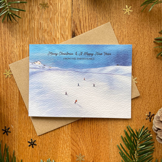 Set of Personalised Family Christmas Card - Skiing in the Alps - Last Run