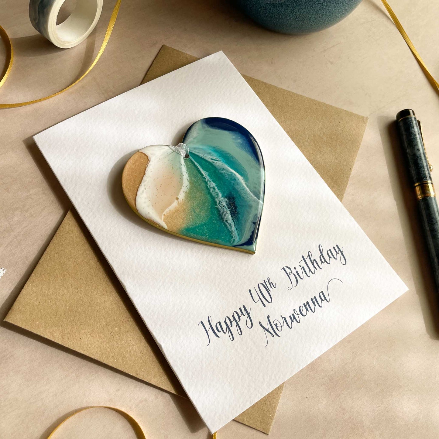 Personalised 40th Birthday card with detachable keepsake ocean heart decoration