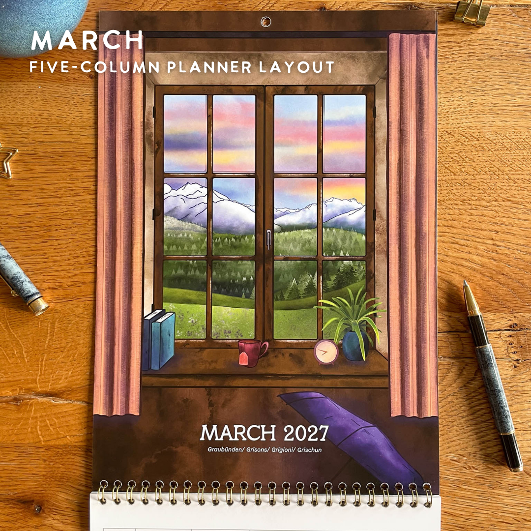 2027 Calendar Illustrated Swiss Alps Calendar - Swiss Chalet Views