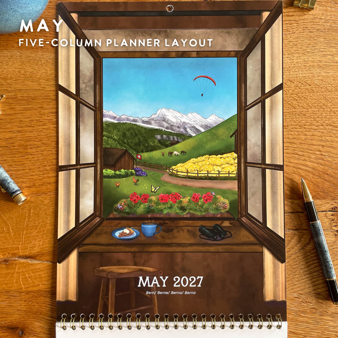 2027 Calendar Illustrated Swiss Alps Calendar - Swiss Chalet Views
