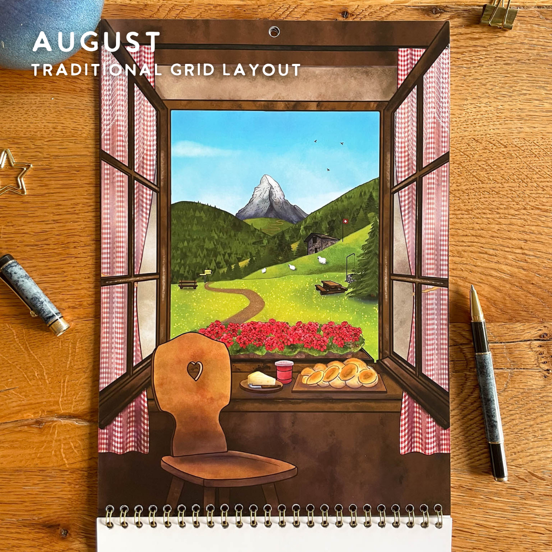 2027 Calendar Illustrated Swiss Alps Calendar - Swiss Chalet Views
