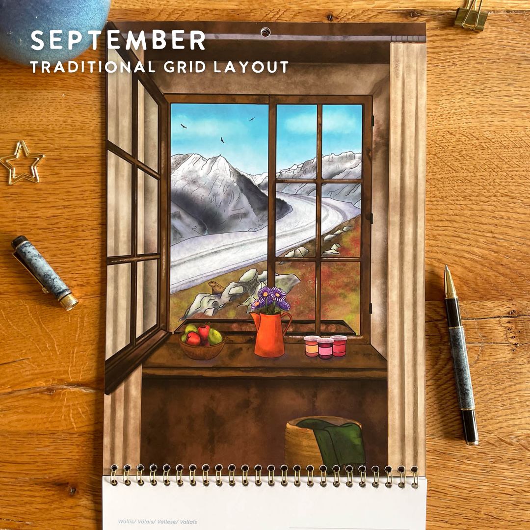 2027 Calendar Illustrated Swiss Alps Calendar - Swiss Chalet Views