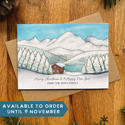 Set of Personalised Family Christmas Card with Snowy Mountain Scene, Alpine Lake & Mountain Cabin