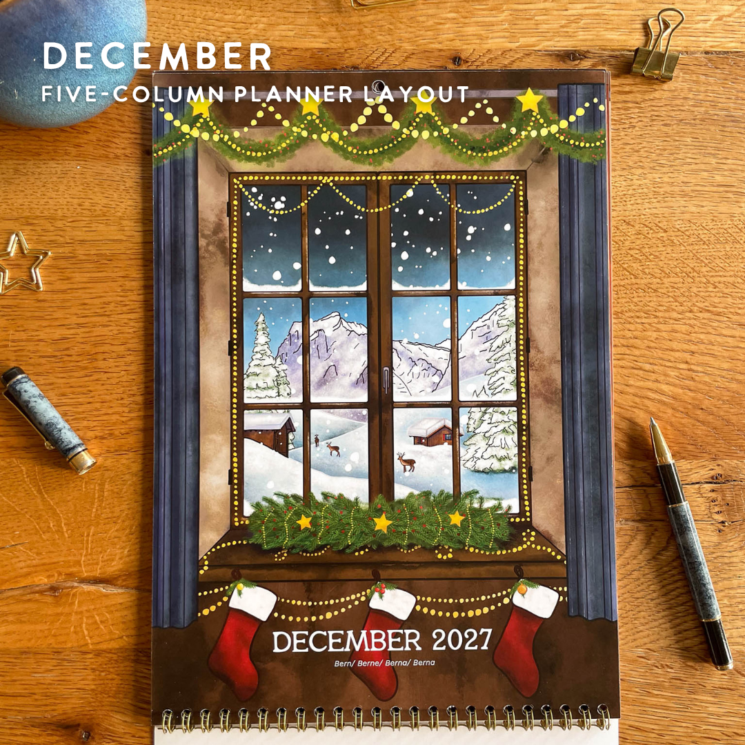 2027 Calendar Illustrated Swiss Alps Calendar - Swiss Chalet Views