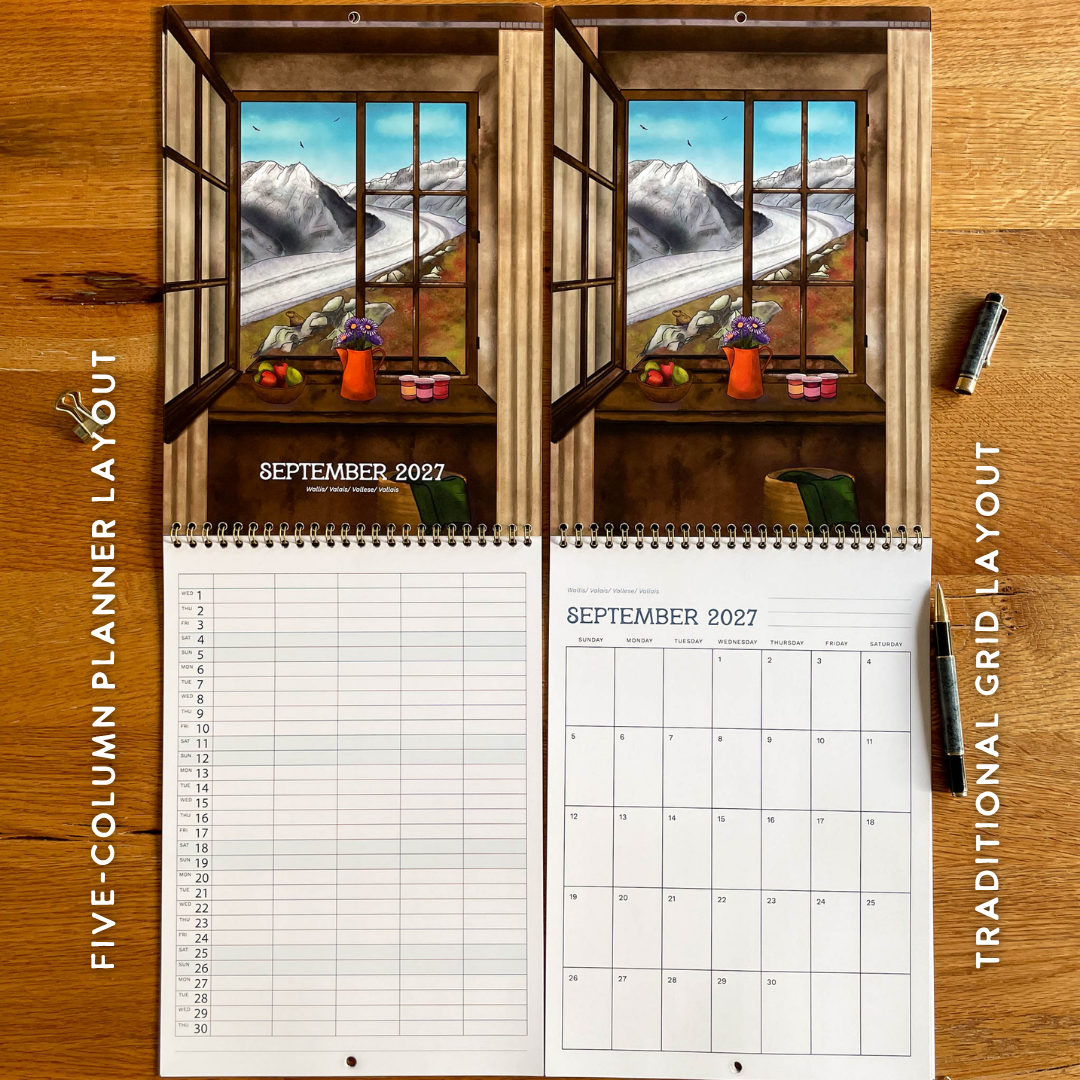 2027 Calendar Illustrated Swiss Alps Calendar - Swiss Chalet Views