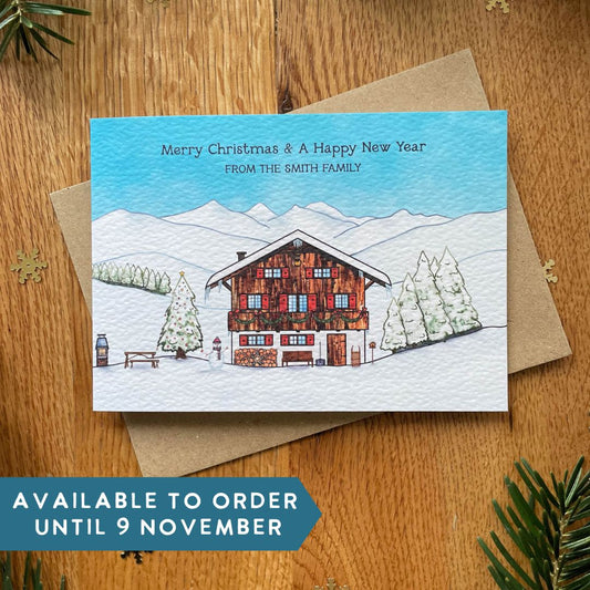 Set of Personalised Family Christmas Card - Christmas at the Swiss Chalet