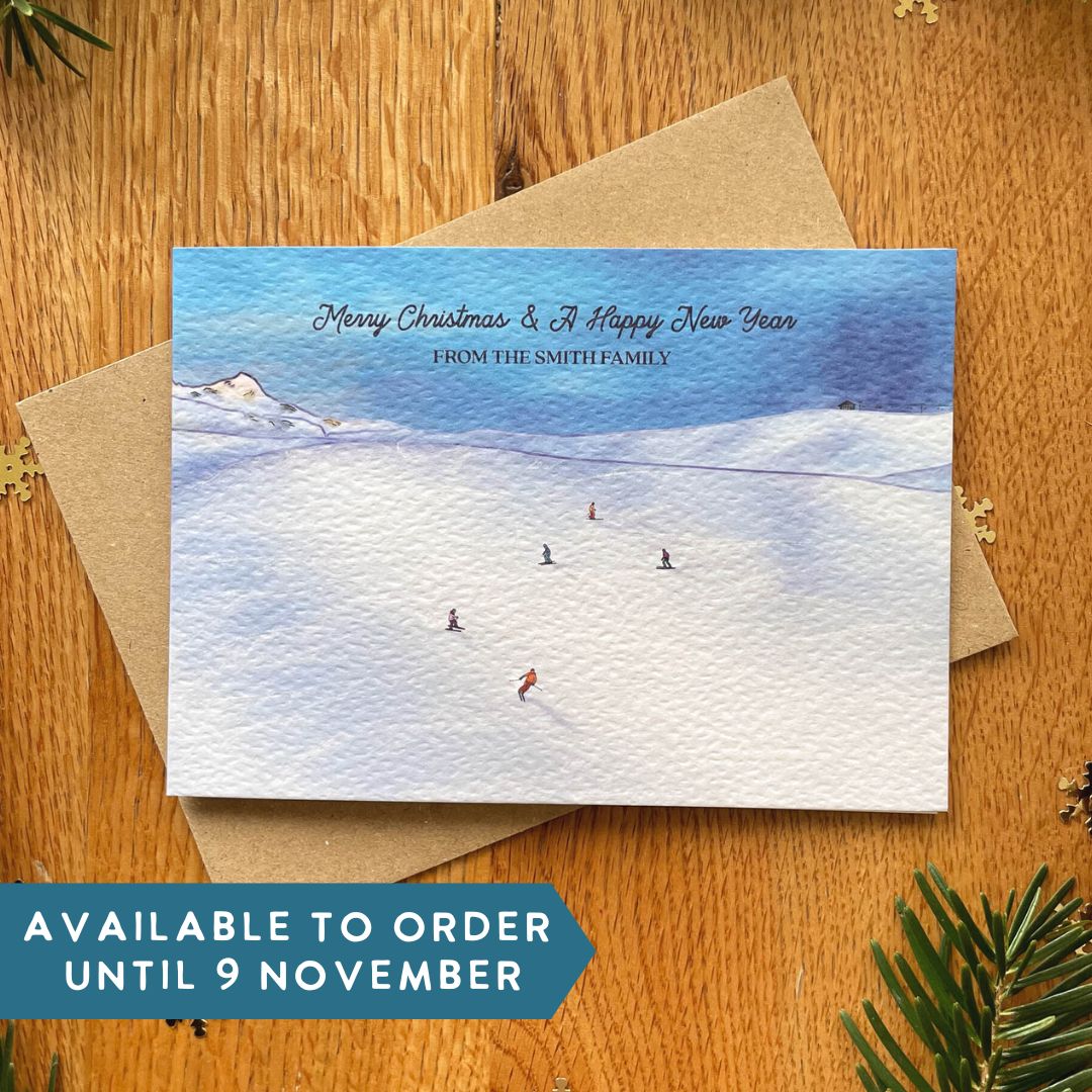 Set of Personalised Family Christmas Card - Skiing in the Alps - Last Run