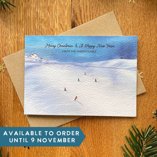 Set of Personalised Family Christmas Card - Skiing in the Alps - Last Run