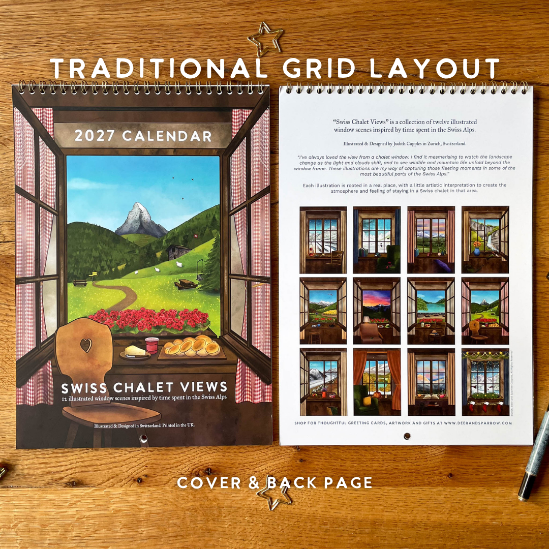 2027 Calendar Illustrated Swiss Alps Calendar - Swiss Chalet Views