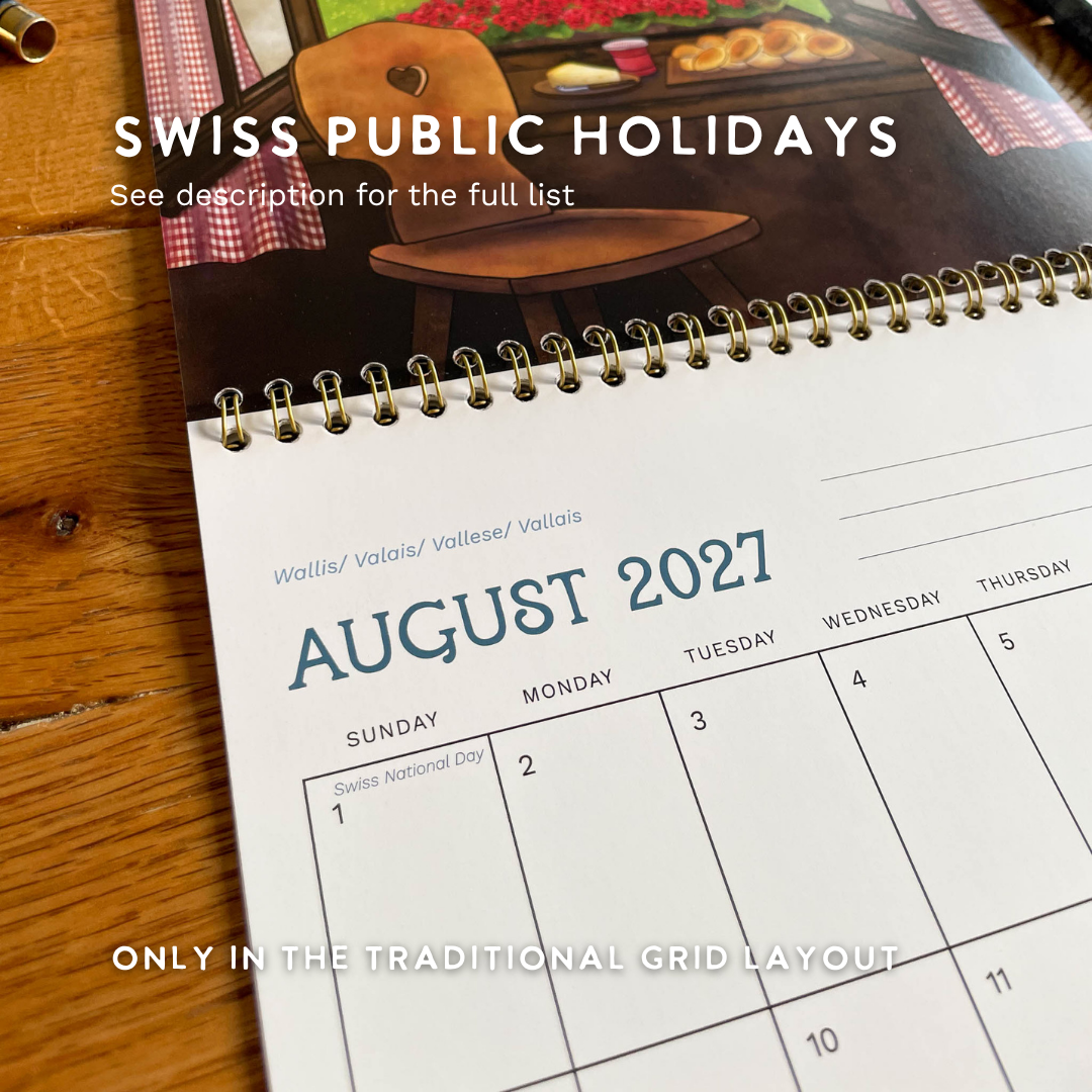 2027 Calendar Illustrated Swiss Alps Calendar - Swiss Chalet Views