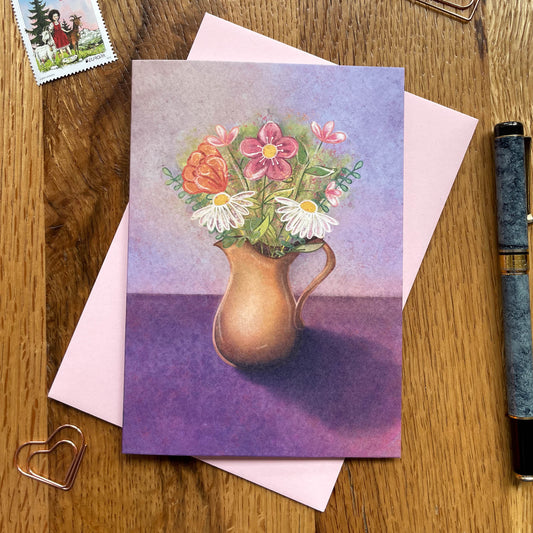 Floral Jug Greeting Card – Blank Inside – All Occasion Card with Purple Background