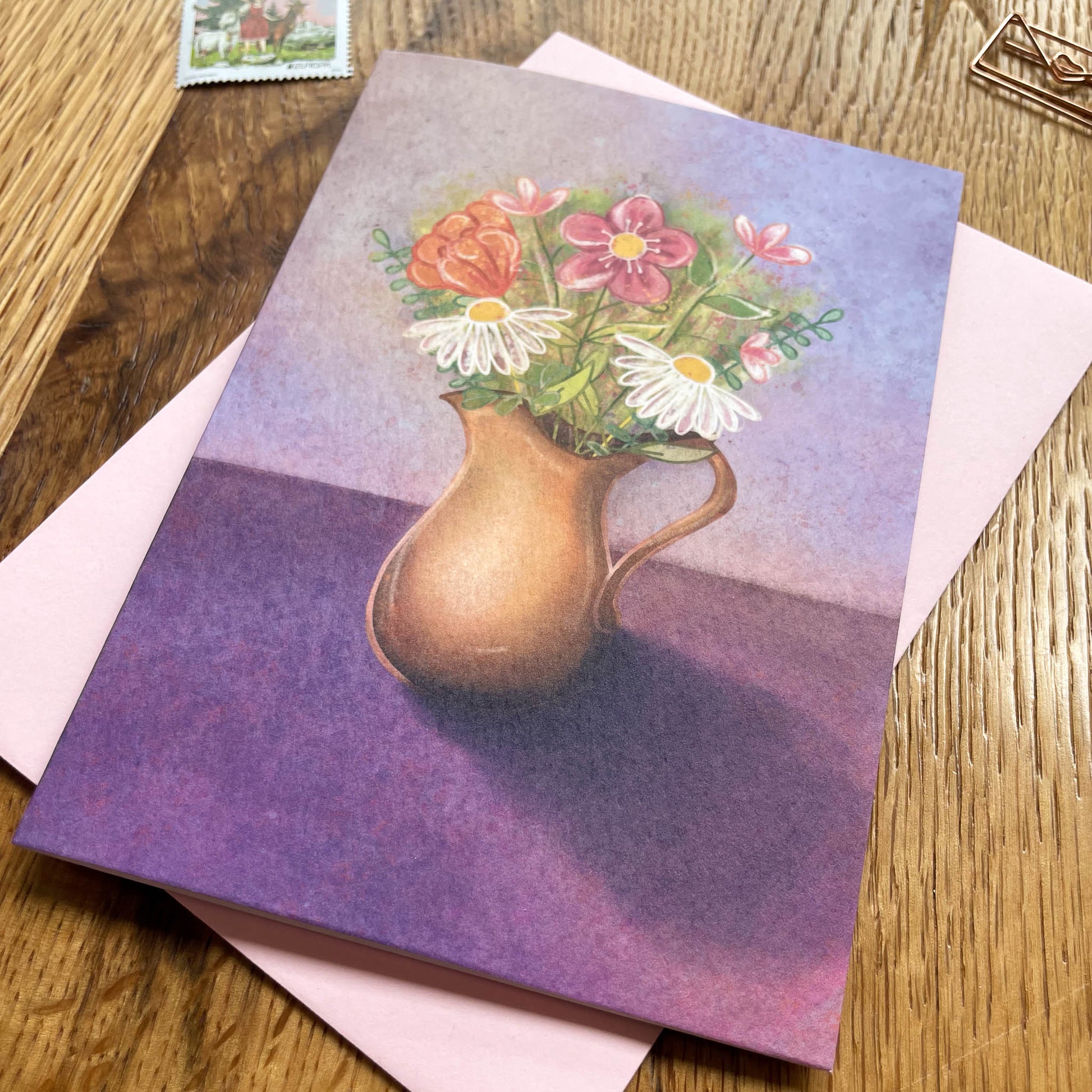Purple Floral Card with Jug of Flowers – Blank Greeting Card for Any Event