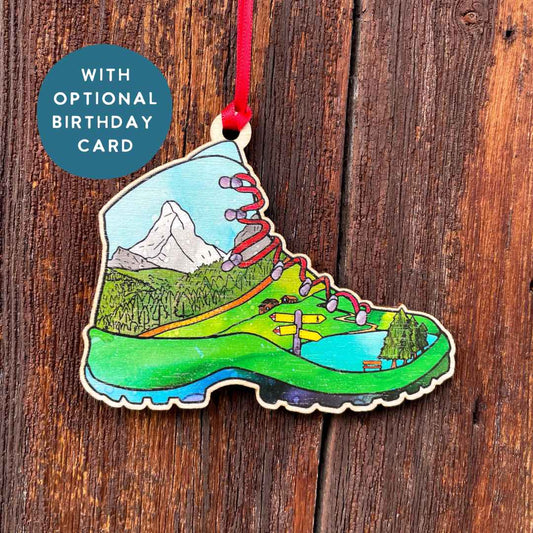 Birthday Card - Hiking in the Swiss Alps - with Removable Hiking Boot Decoration