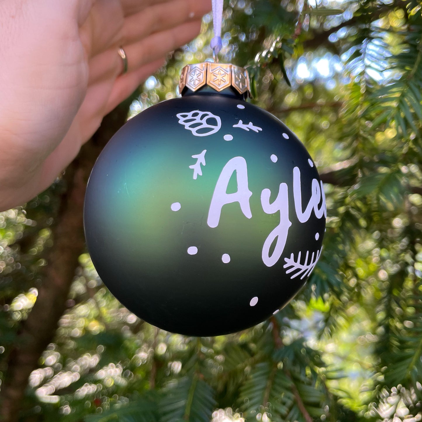Winter in the Woods Themed Green Personalised Christmas Bauble