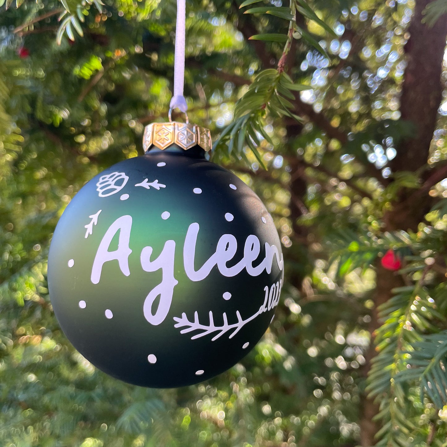 Winter in the Woods Themed Green Personalised Christmas Bauble