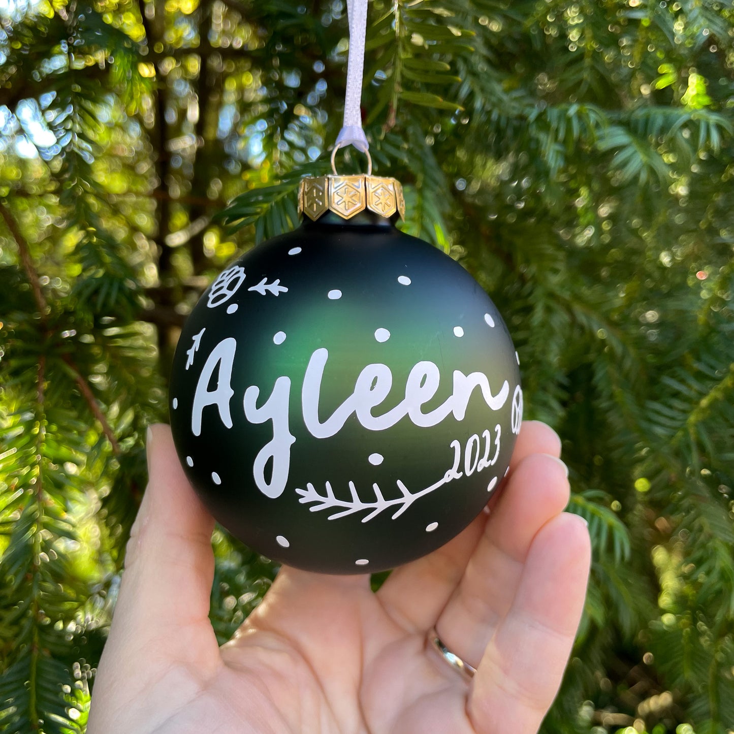 Winter in the Woods Themed Green Personalised Christmas Bauble