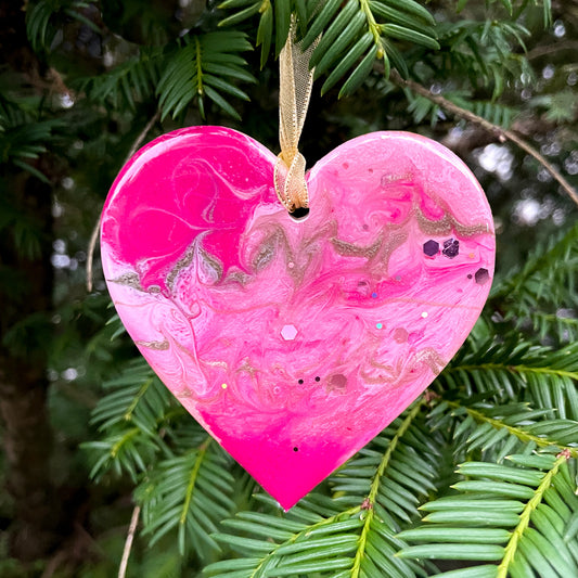 Pink & Gold Glittery Heart Christmas Tree Decoration