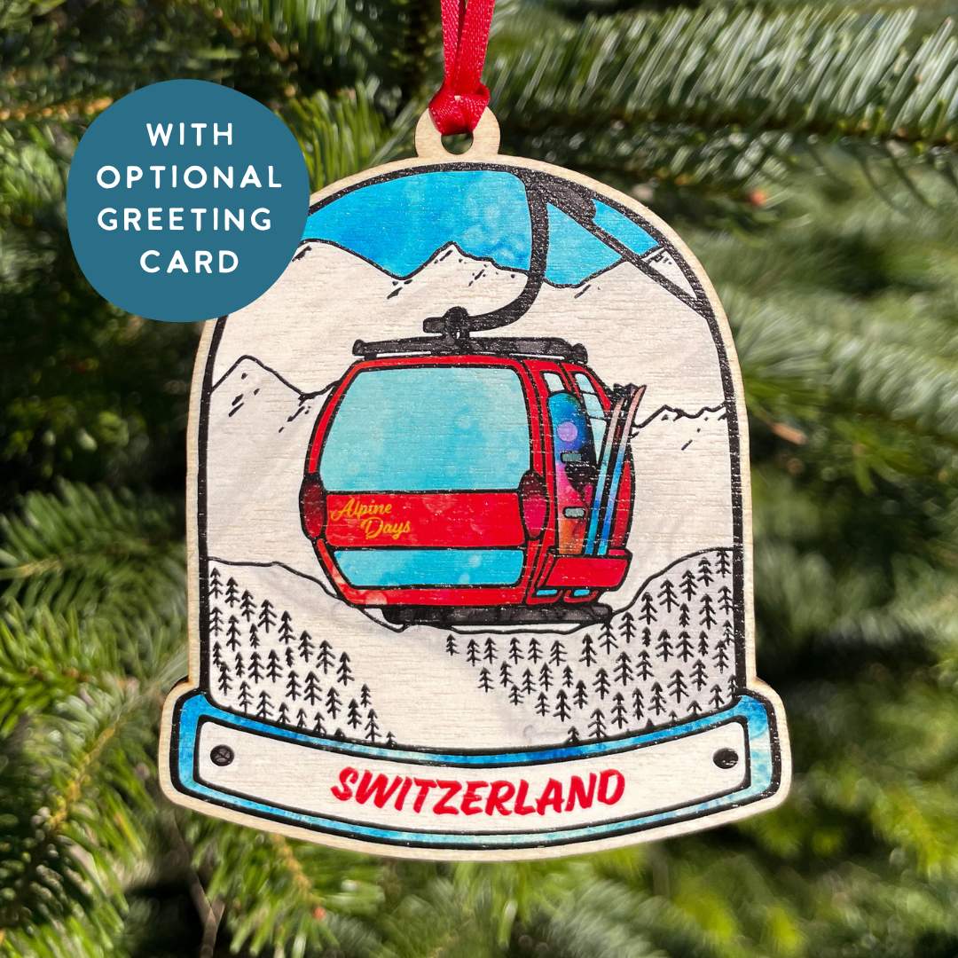 Switzerland Gondola Snow Globe Decoration with optional greeting card