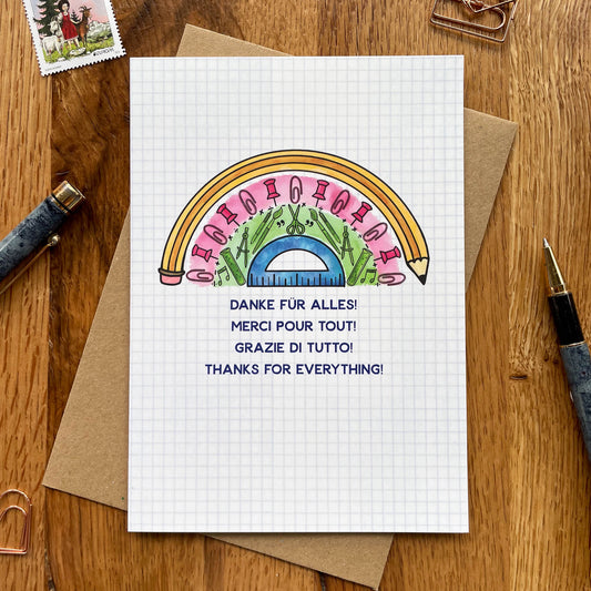 Multilingual End of School Year / Graduation Greeting, Swiss Teacher Appreciation Thank You Card, Rainbow Design