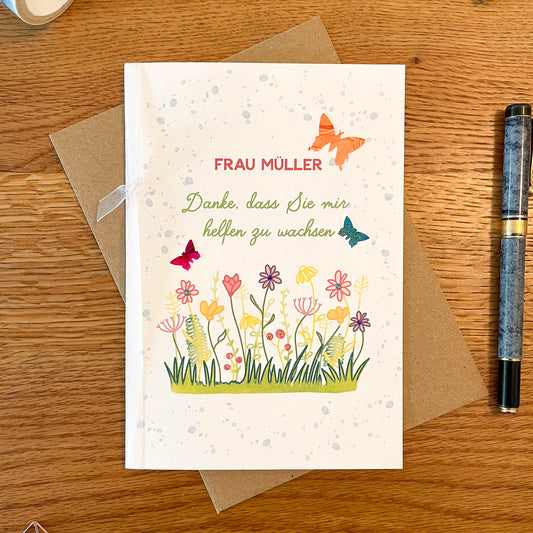 Butterfly "Thank you for helping me grow" German Language Teacher Appreciation Card