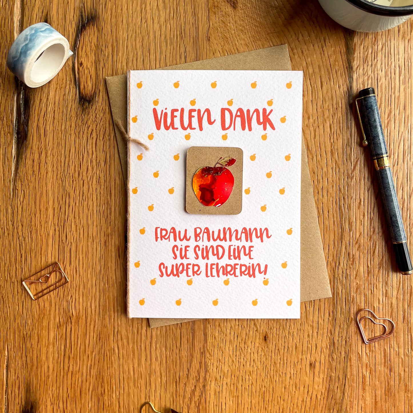 Personalised Teacher Appreciation Card in German - Red Apple Design