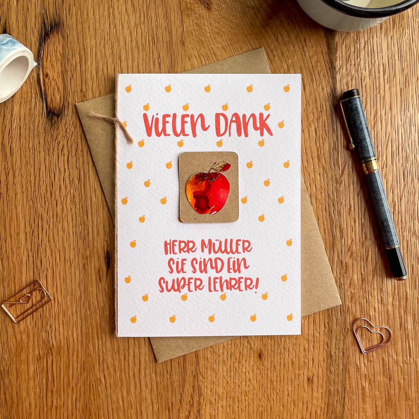 Personalised Teacher Appreciation Card in German - Red Apple Design