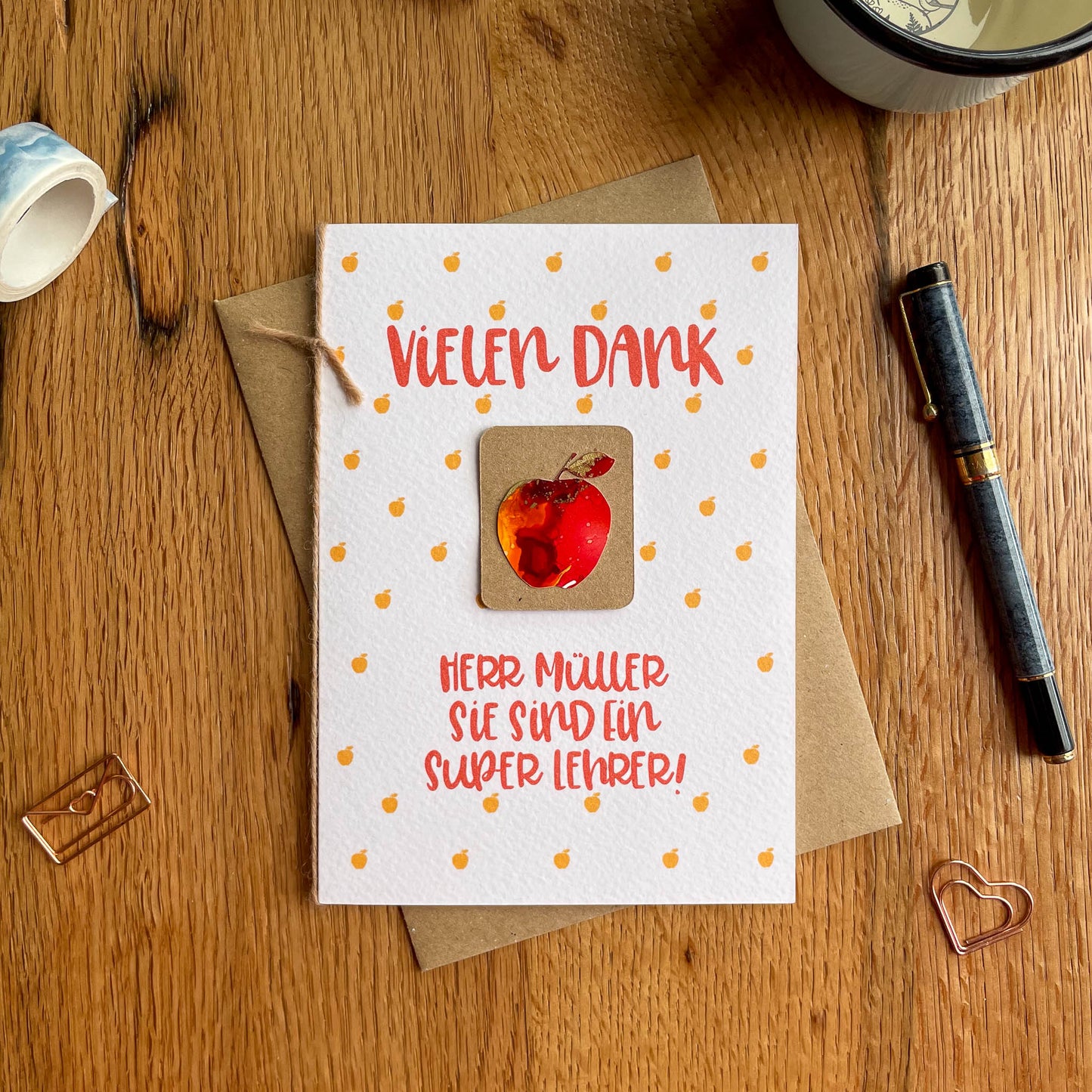 Personalised Teacher Appreciation Card in German - Red Apple Design