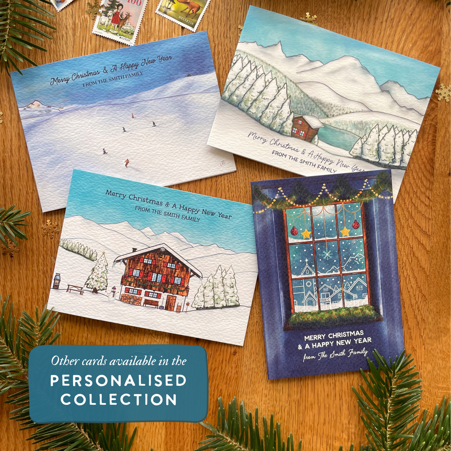 Set of Personalised Family Christmas Card - Christmas at the Swiss Chalet