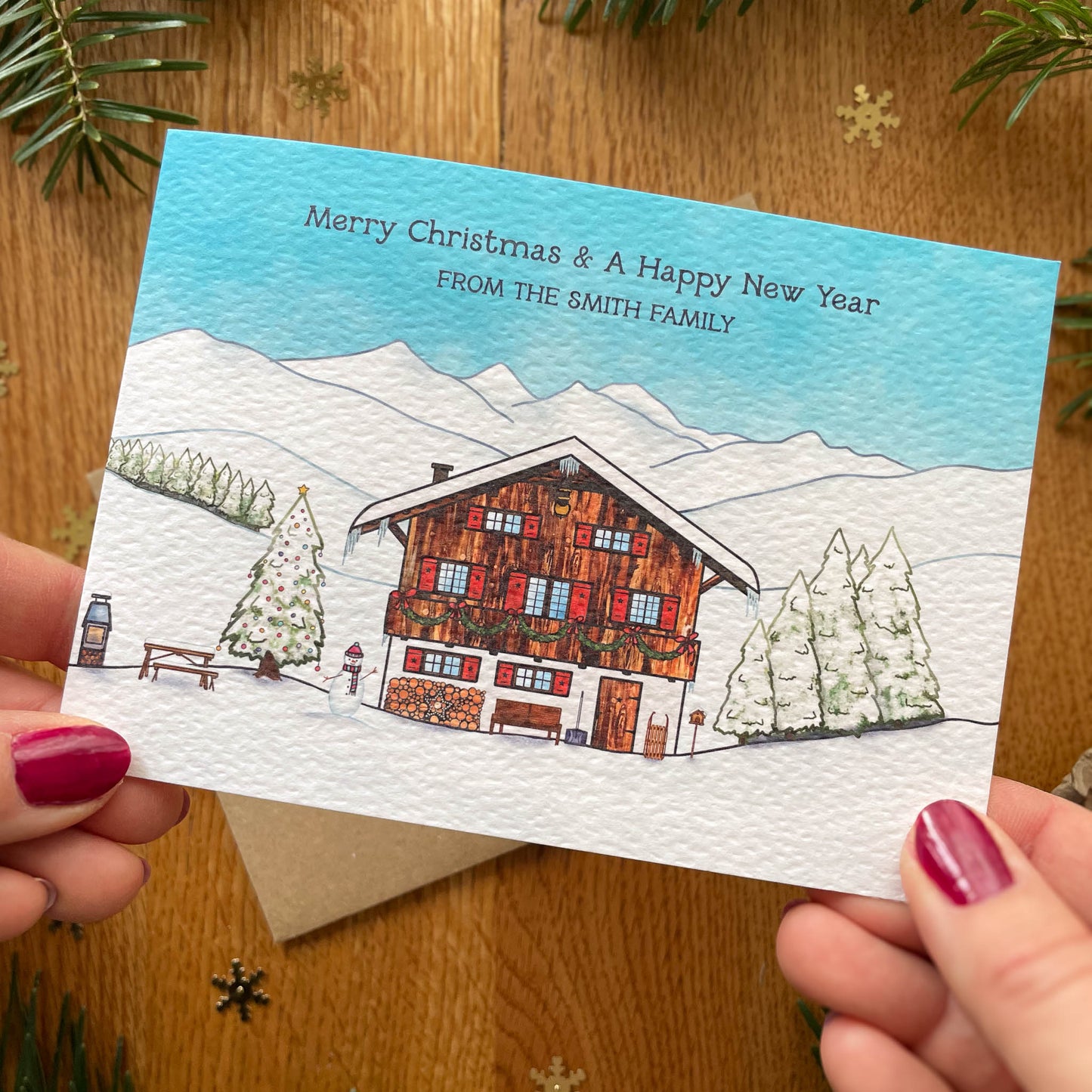 Set of Personalised Family Christmas Card - Christmas at the Swiss Chalet