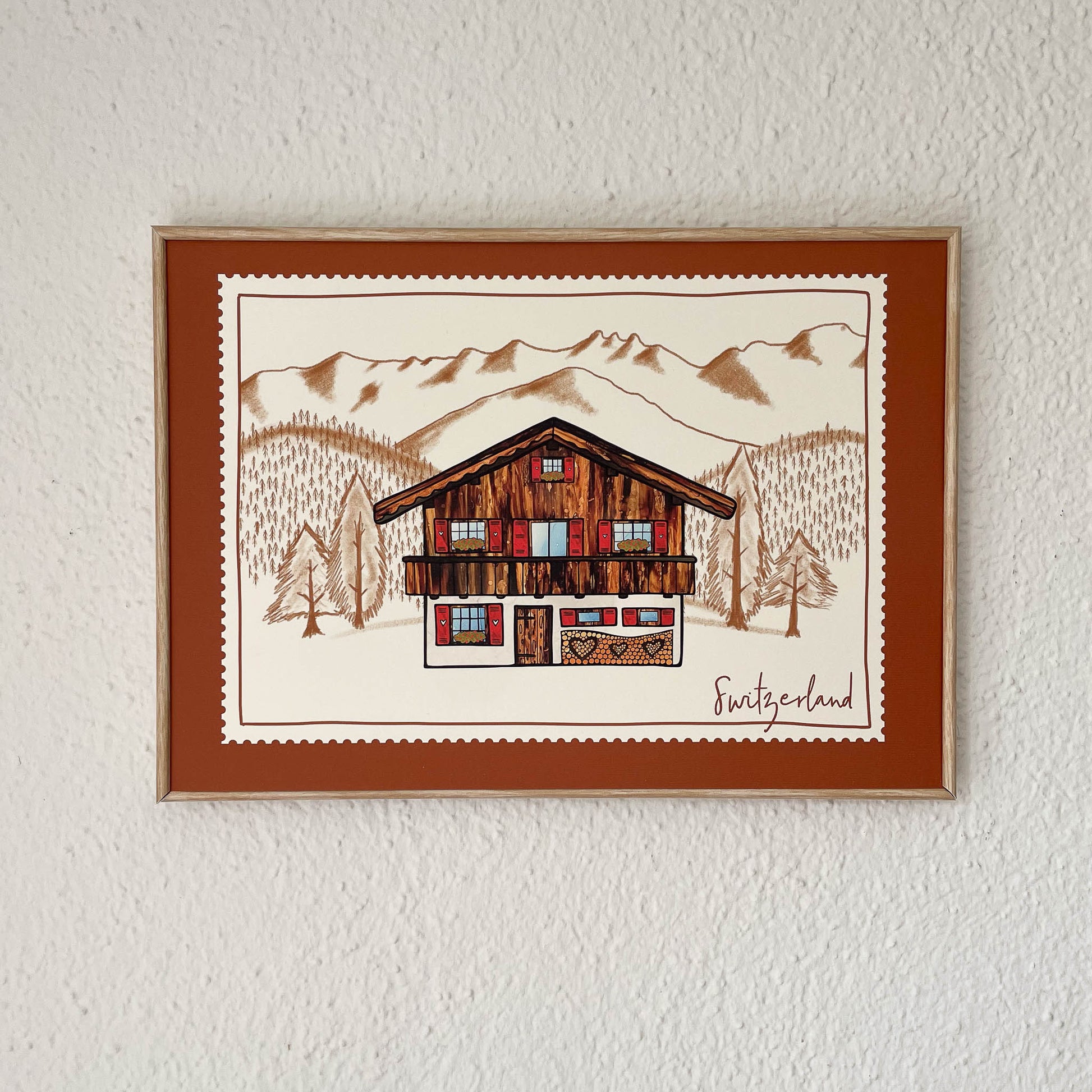 Thoughtful gift idea: Chalet Dreams print showcasing the breathtaking beauty of the Swiss Alps, ideal for Swiss expats missing their homeland.